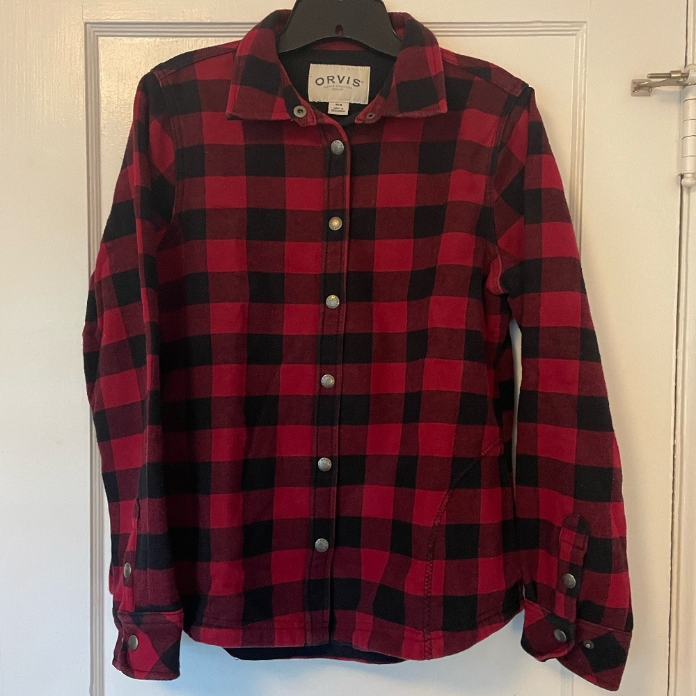 Women's Orvis Button Down Fleece-Lined Flannel, Black & Red Plaid, size Medium
